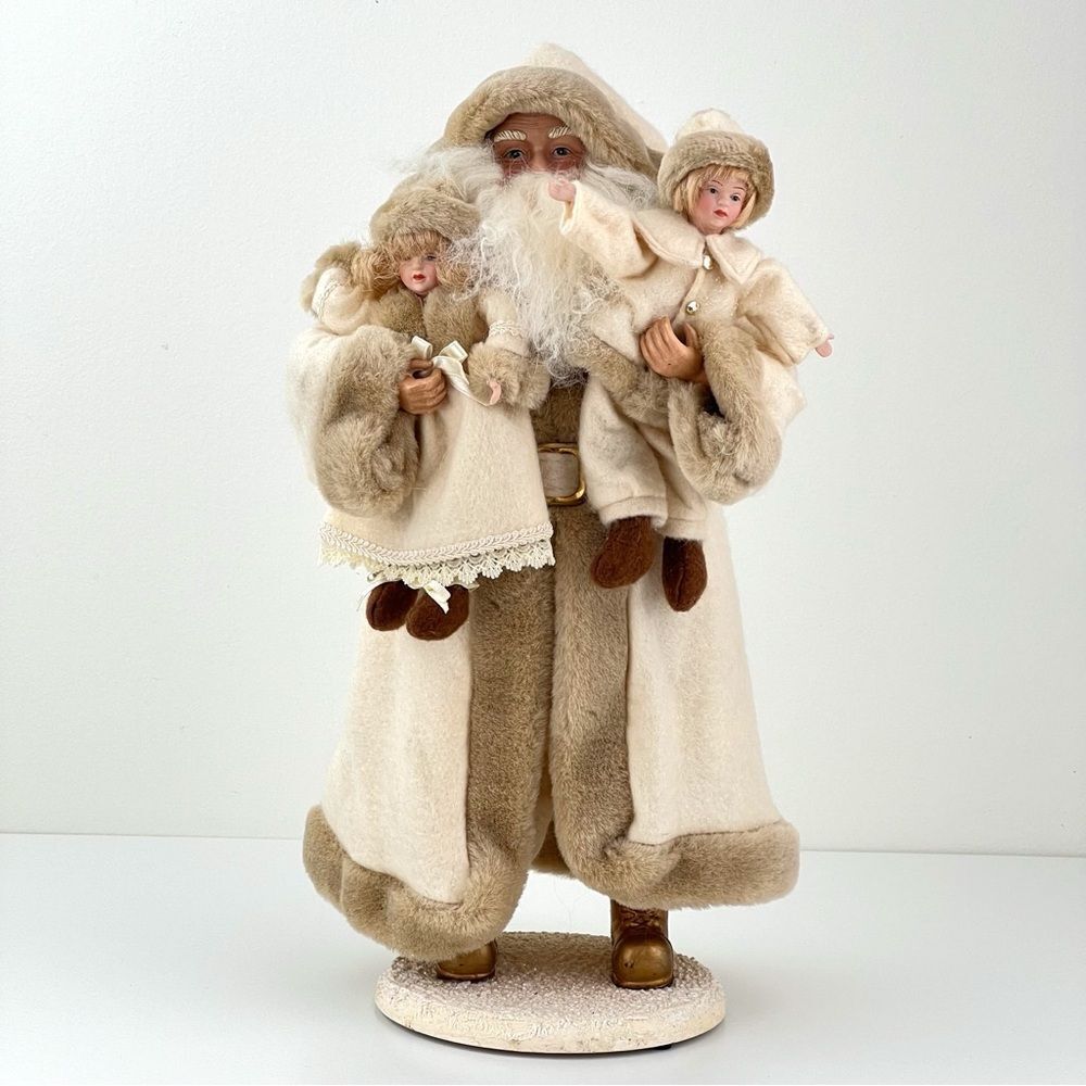Vintage Santas by Tina Mitchell White Faux Fur Father Santa Claus carrying Dolls